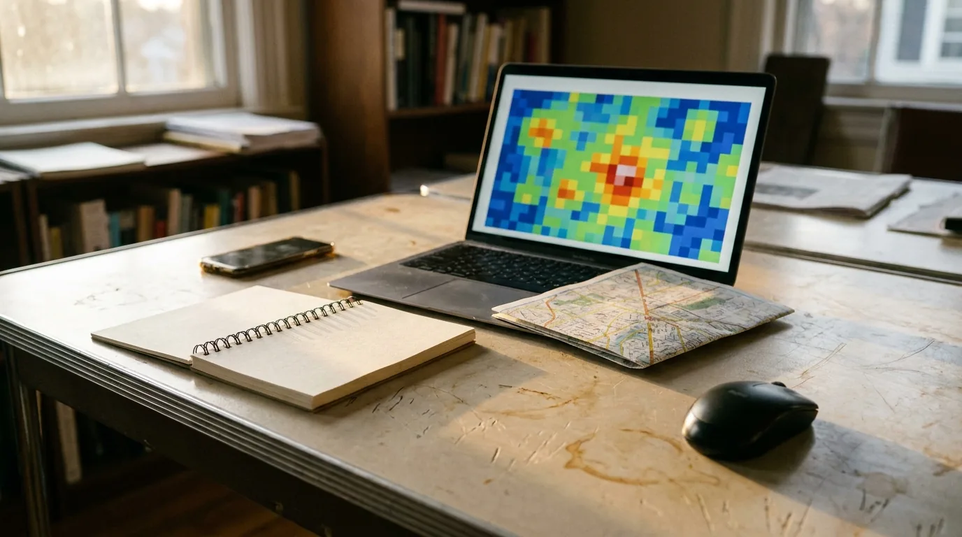 Over-shoulder office desk scene with laptop showing an abstract local grid heat map and a paper map beside it