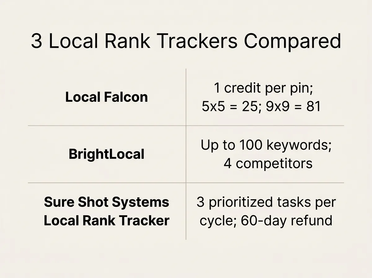 Infographic table comparing Local Falcon, BrightLocal, and Sure Shot Systems Local Rank Tracker with key deciding numbers