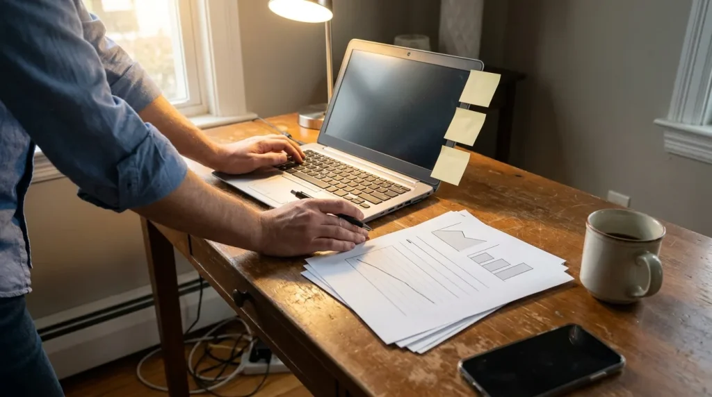 Hands comparing a laptop dashboard and a printed weekly report on a home-office desk under deadline pressure.