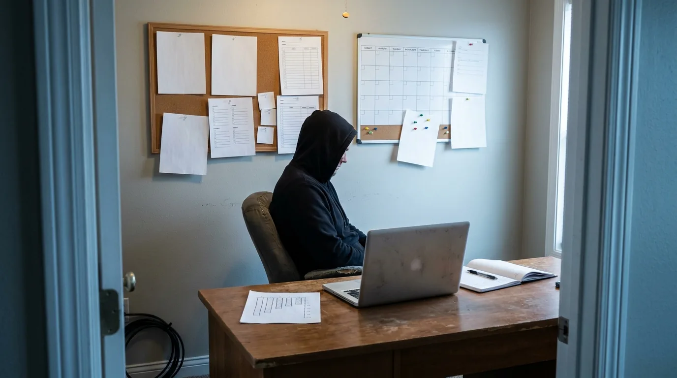 Agency desk with laptop and pinned paperwork showing the workload of assembling weekly local SEO reports.
