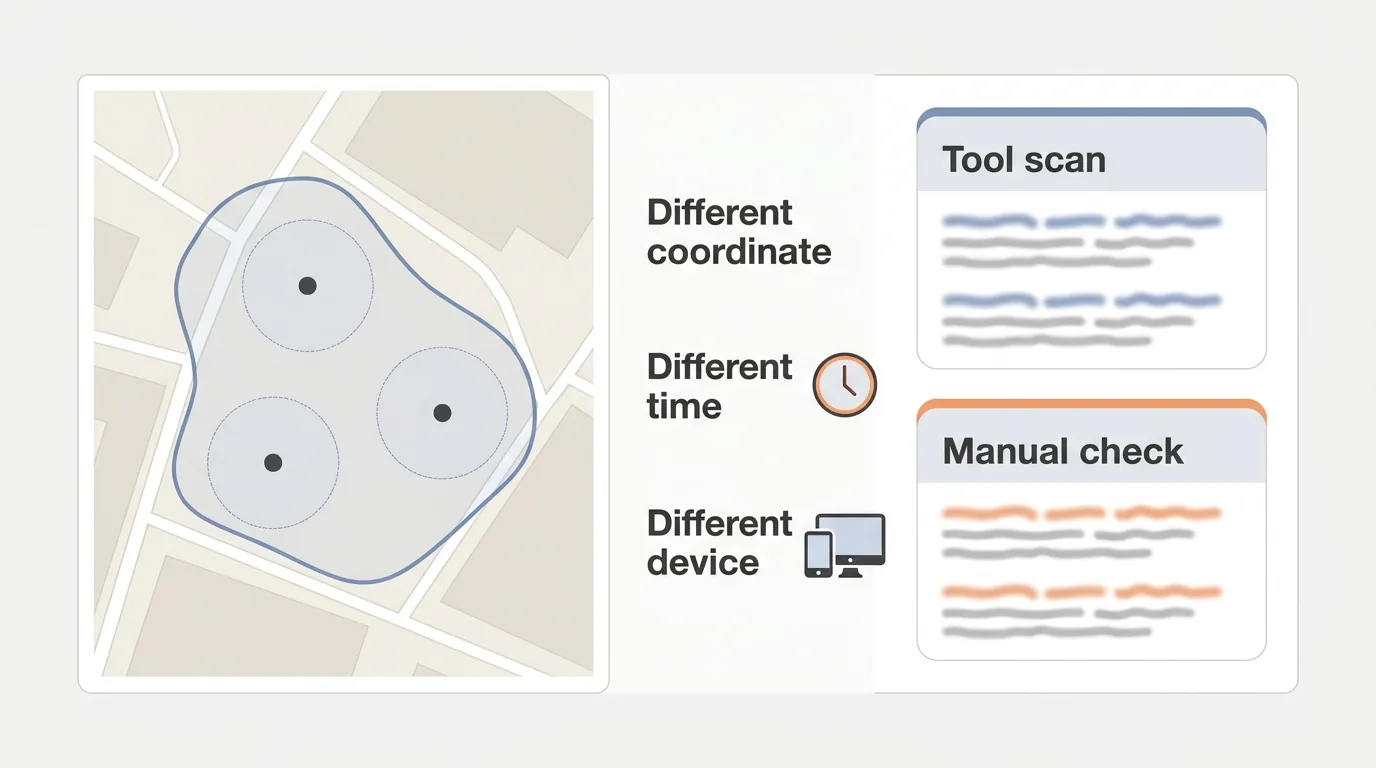 Diagram showing tool scan vs manual check differences due to coordinate, time, and device.
