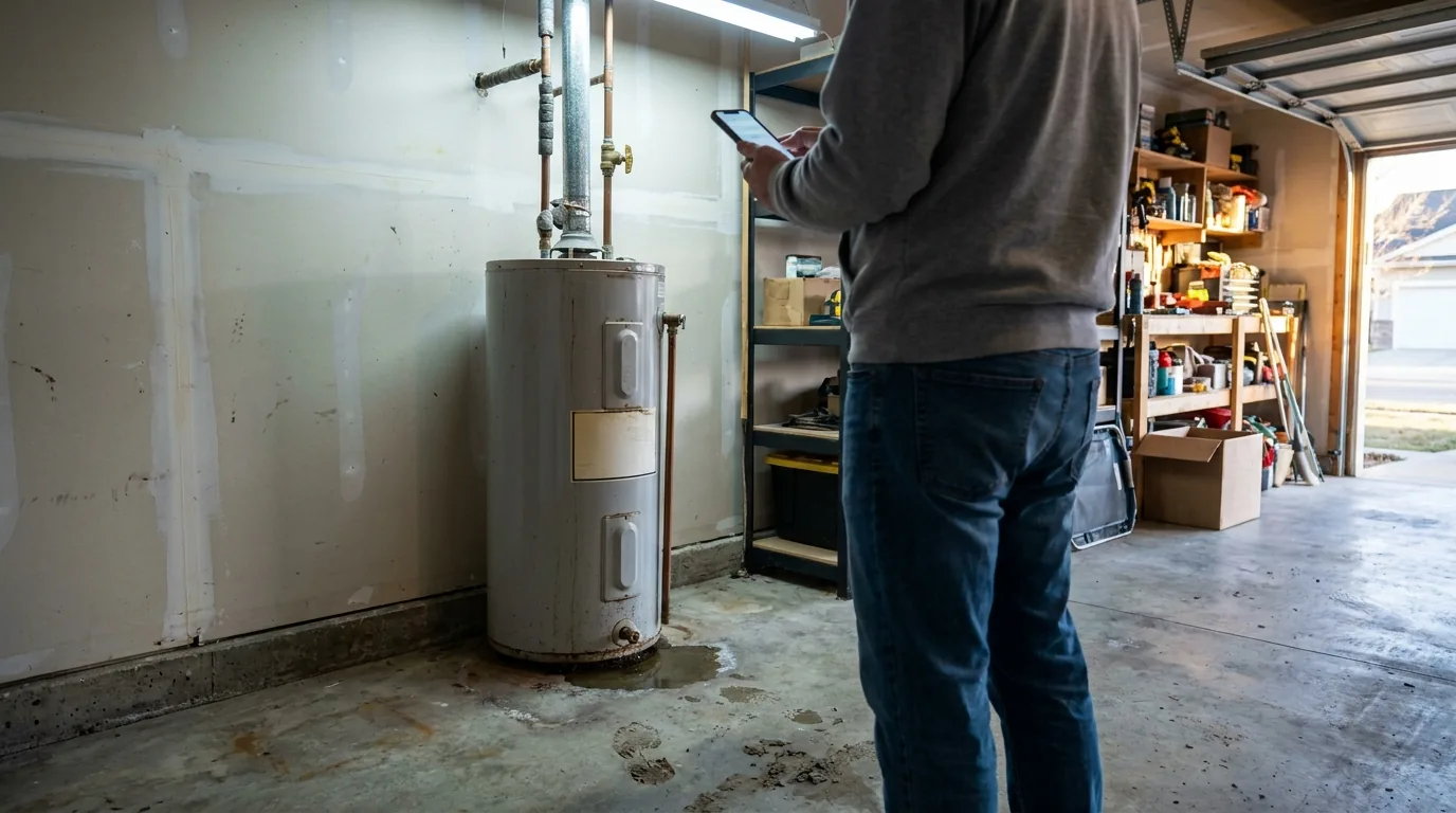 Homeowner in a garage checks a phone beside a leaking water heater with a small puddle at the base.