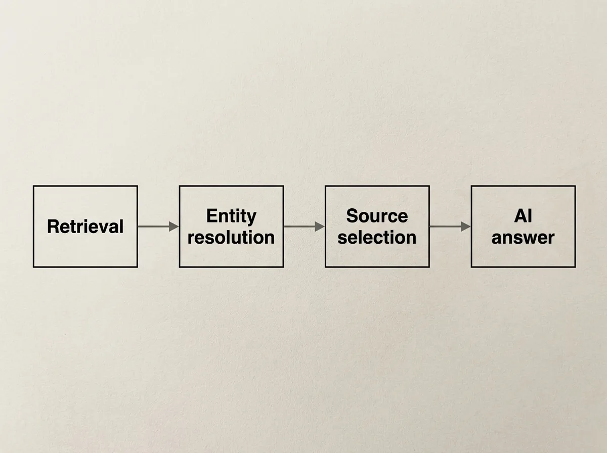 Left-to-right diagram of retrieval, entity resolution, and source selection leading to an AI answer.
