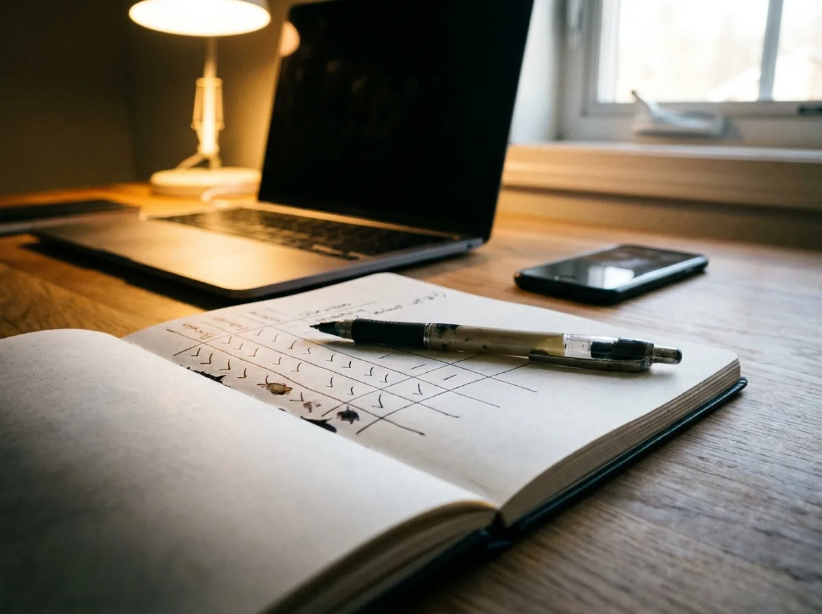 Owner's hands logging repeatable AI search checks in a notebook beside a blurred laptop screen.