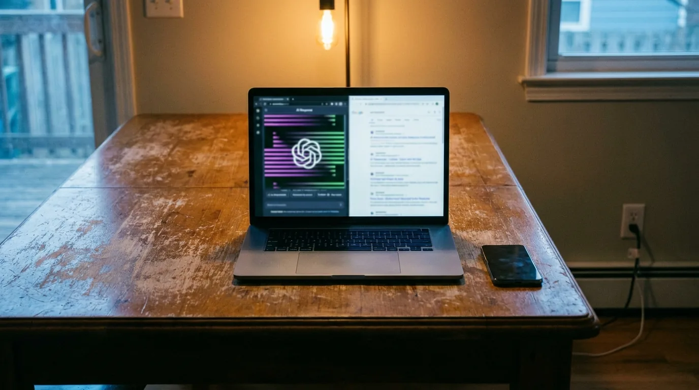 Over-shoulder kitchen-table scene showing a home service owner comparing an AI answer with Google search results on a laptop.