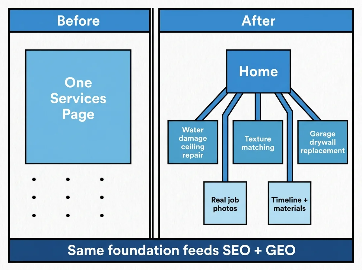 Diagram comparing one generic Services page with separate specific service pages backed by job evidence.