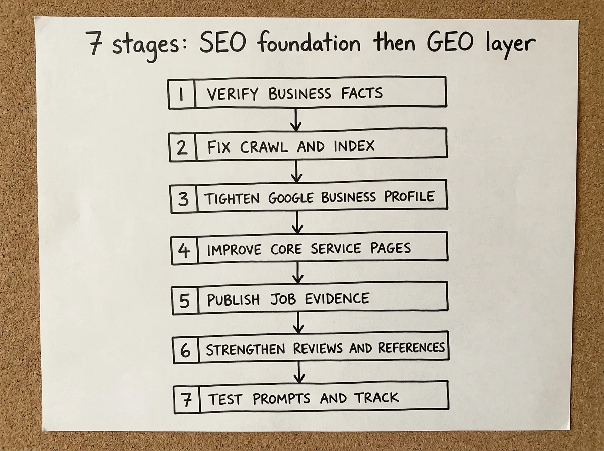 Seven-step flowchart showing the order from business facts and indexing through reviews to prompt testing and tracking.