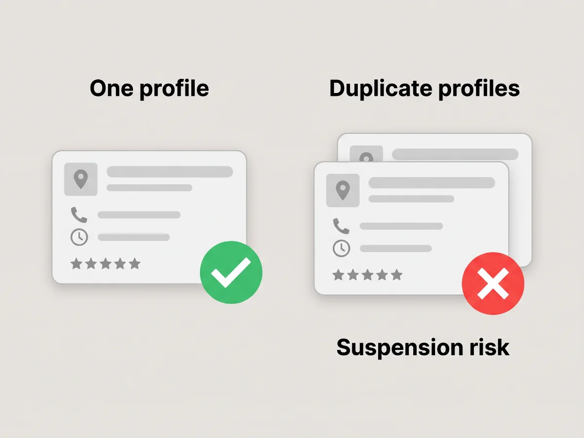 Diagram: one Google Business Profile is safe, while duplicate profiles for the same business risk suspension