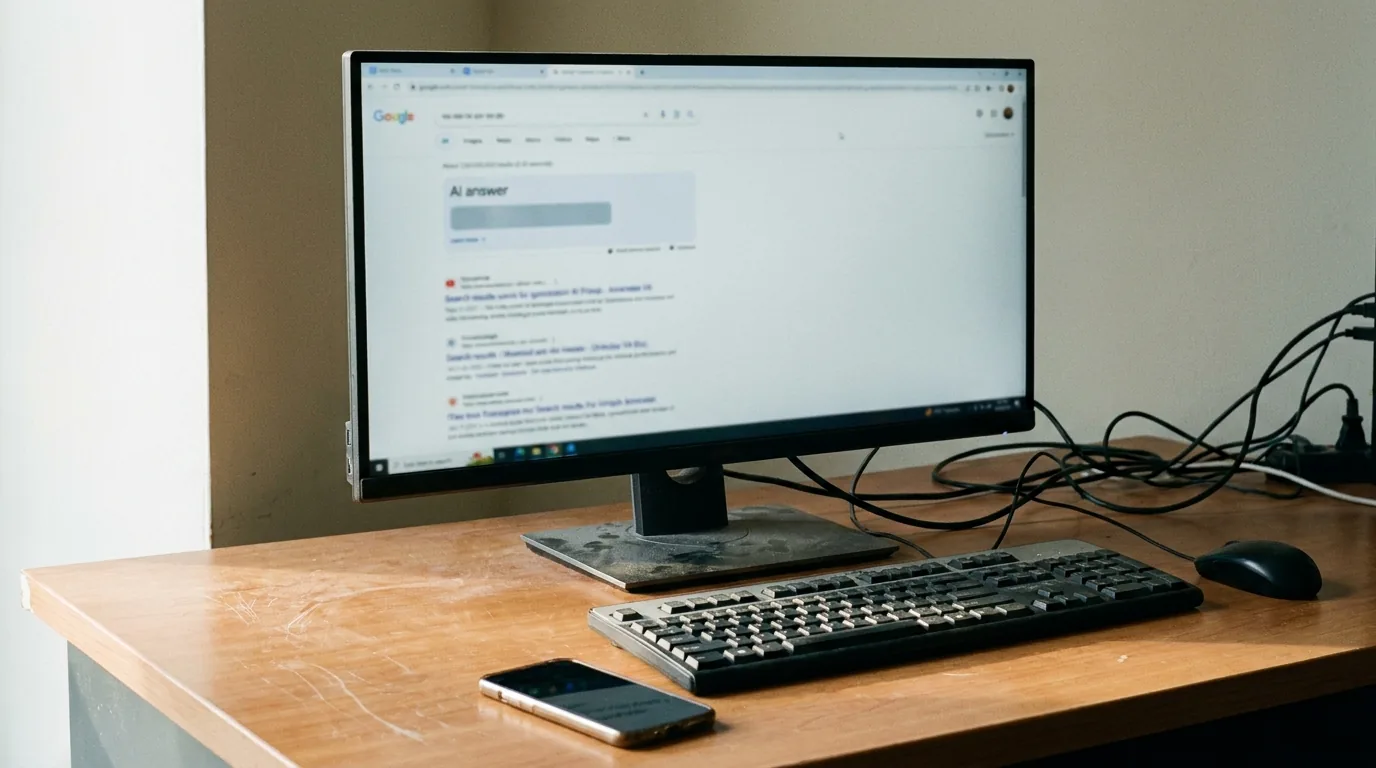 Over-the-shoulder view of a small office desk with a blurred Google results page showing an AI answer box at the top.