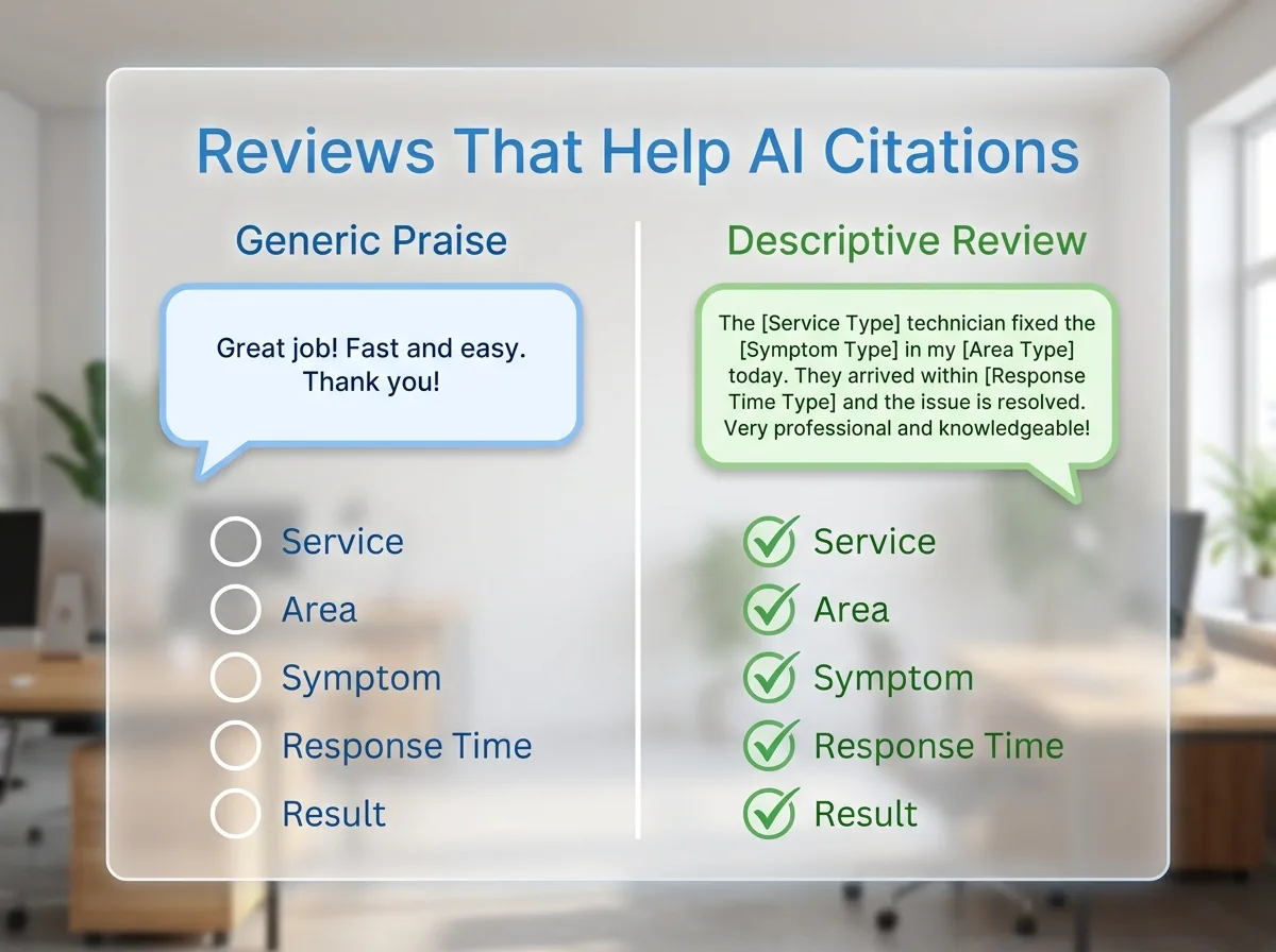 Two-column table comparing generic reviews vs descriptive reviews with checkmarks for service, area, symptom, response time, and result.