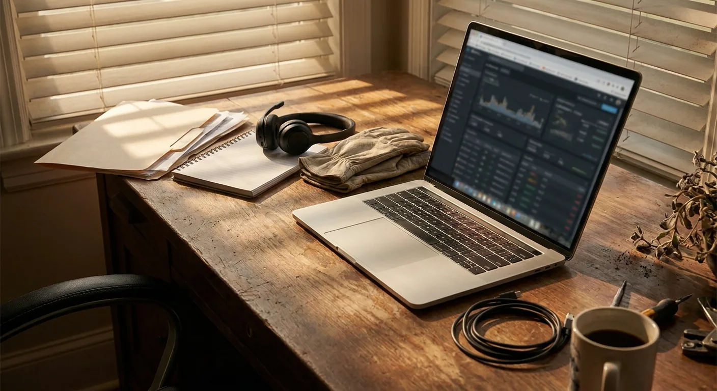 Home-office desk with an open laptop showing a blurred diagnostics screen, headset, and work gloves suggesting it’s time to hire help.