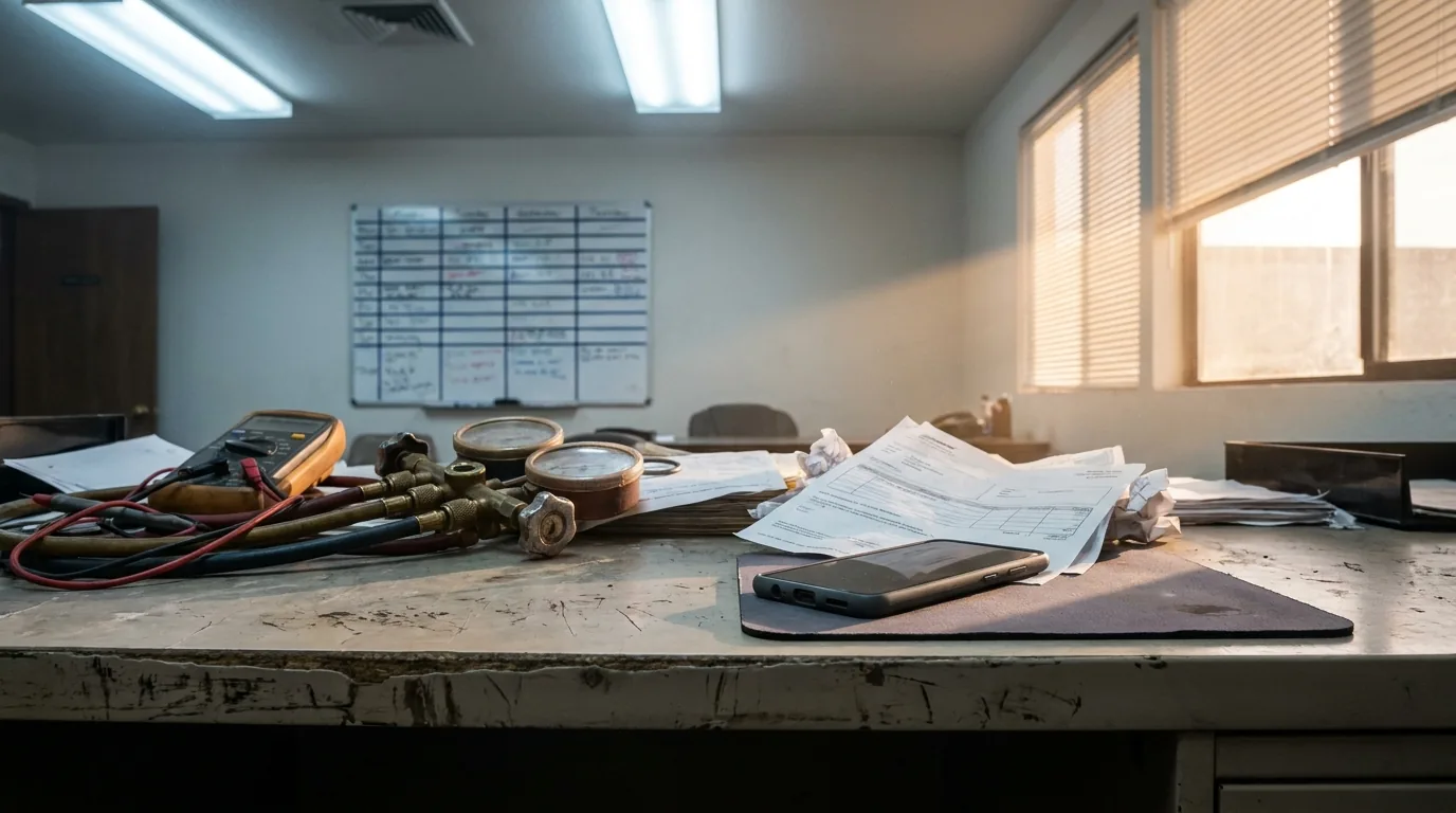 Cluttered HVAC office desk with work orders, phone, gauges, and multimeter under harsh fluorescent light