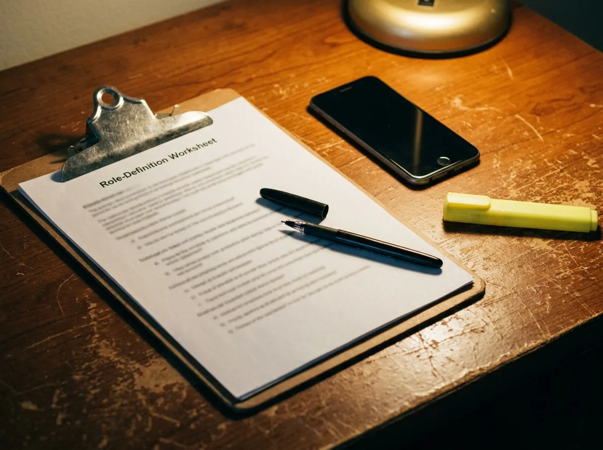 Hands filling out a one-page HVAC role-definition sheet on a clipboard at a worn desk