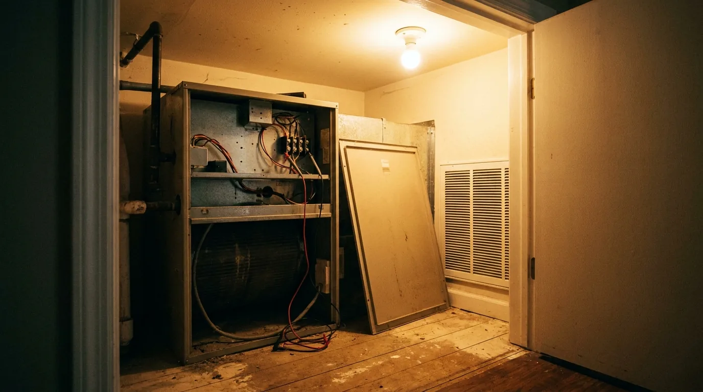 Technician reviewing HVAC air handler condition with phone and clipboard in a home utility closet