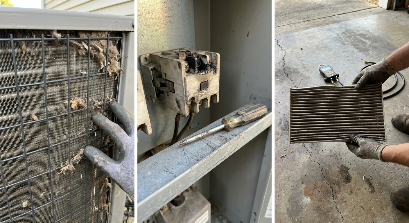 Three proof photos: clogged condenser coil, pitted contactor, and dirty filter with tools nearby