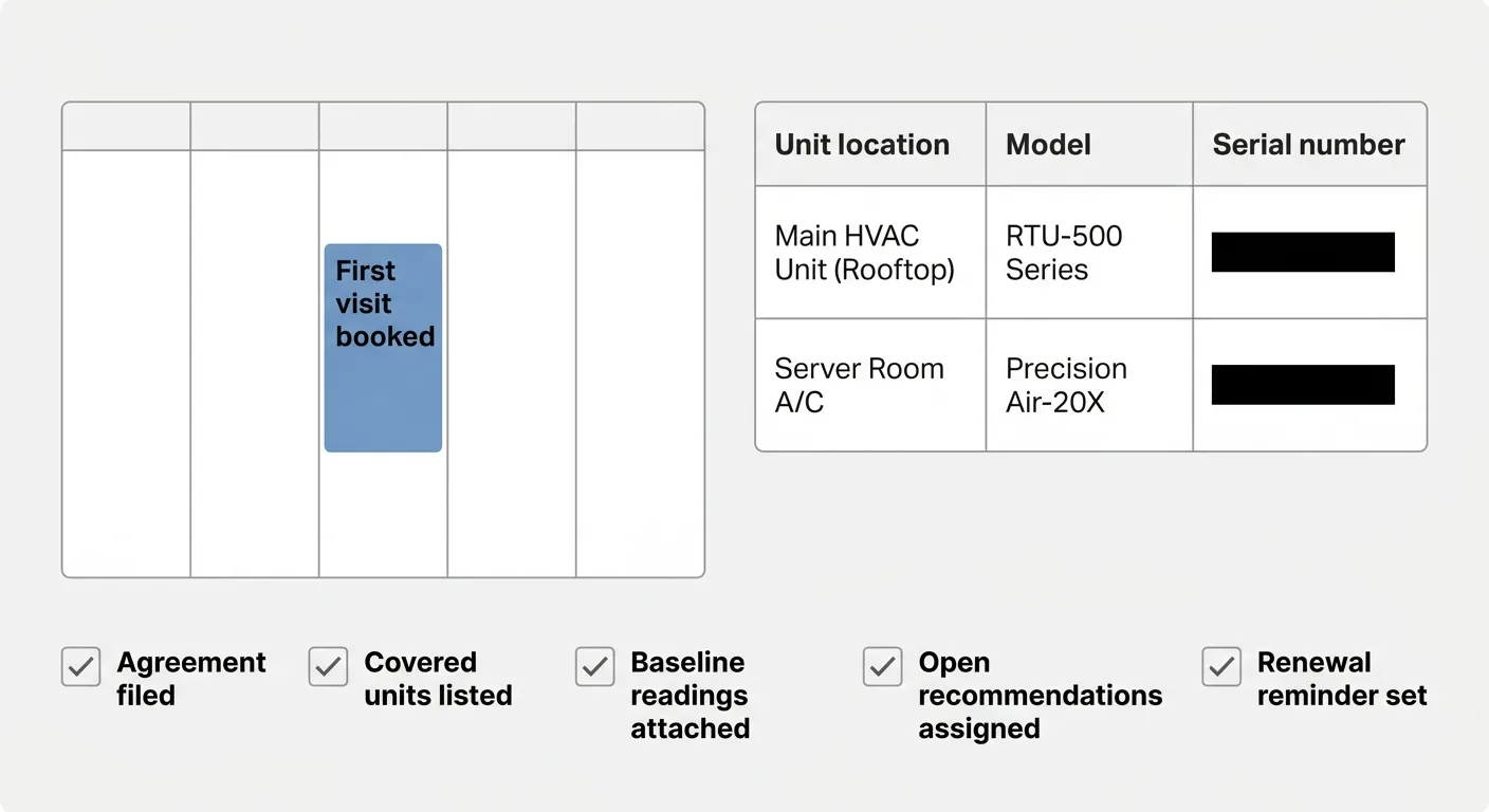 Diagram showing first visit booked, equipment table with serial-number field, and a completion checklist