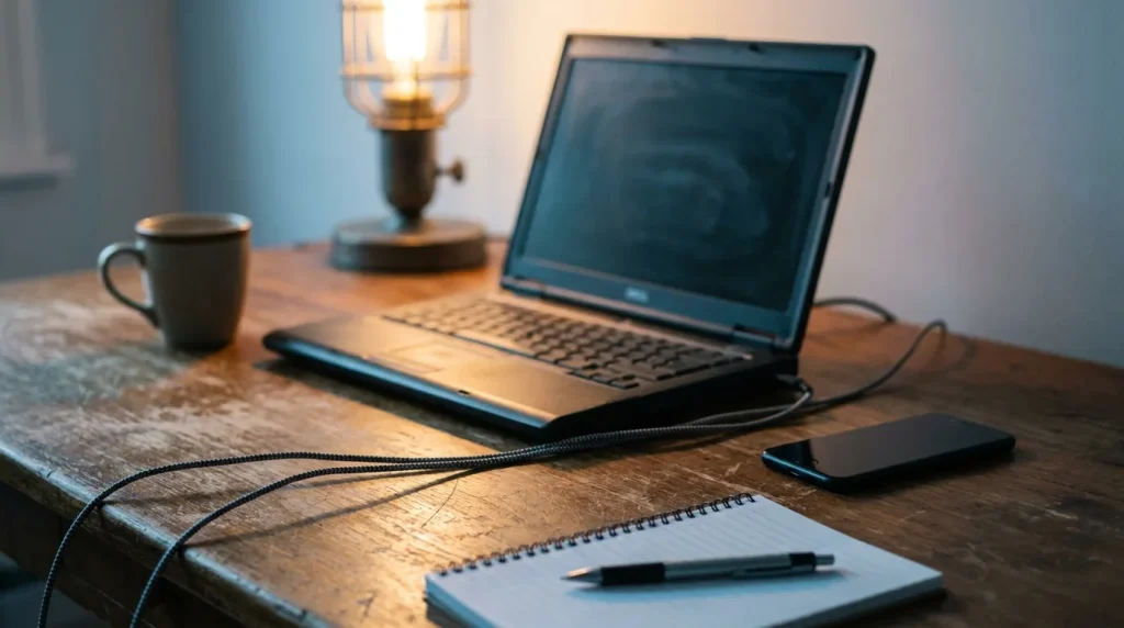 Home-service owner at a desk reviewing website visibility on a laptop, with phone and notepad nearby.