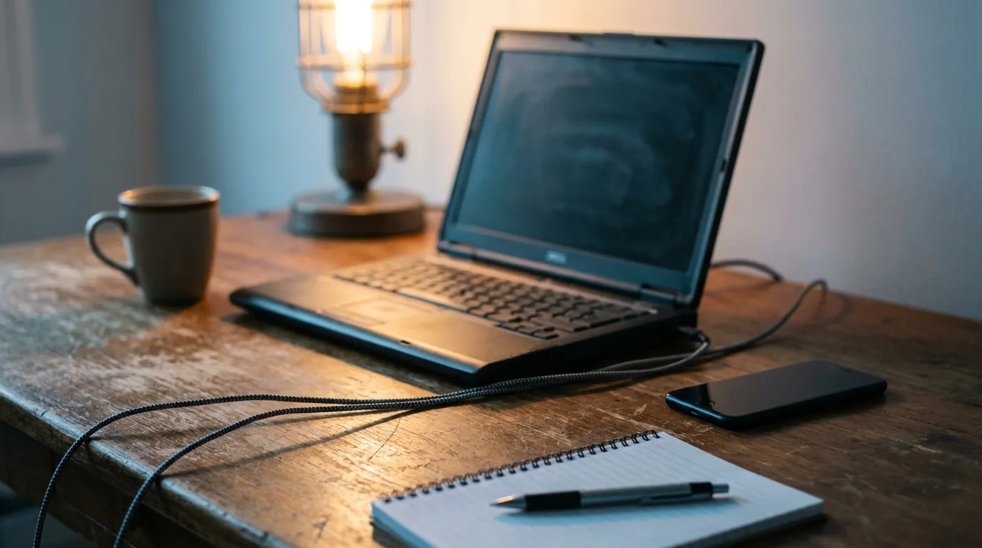 Home-service owner at a desk reviewing website visibility on a laptop, with phone and notepad nearby.