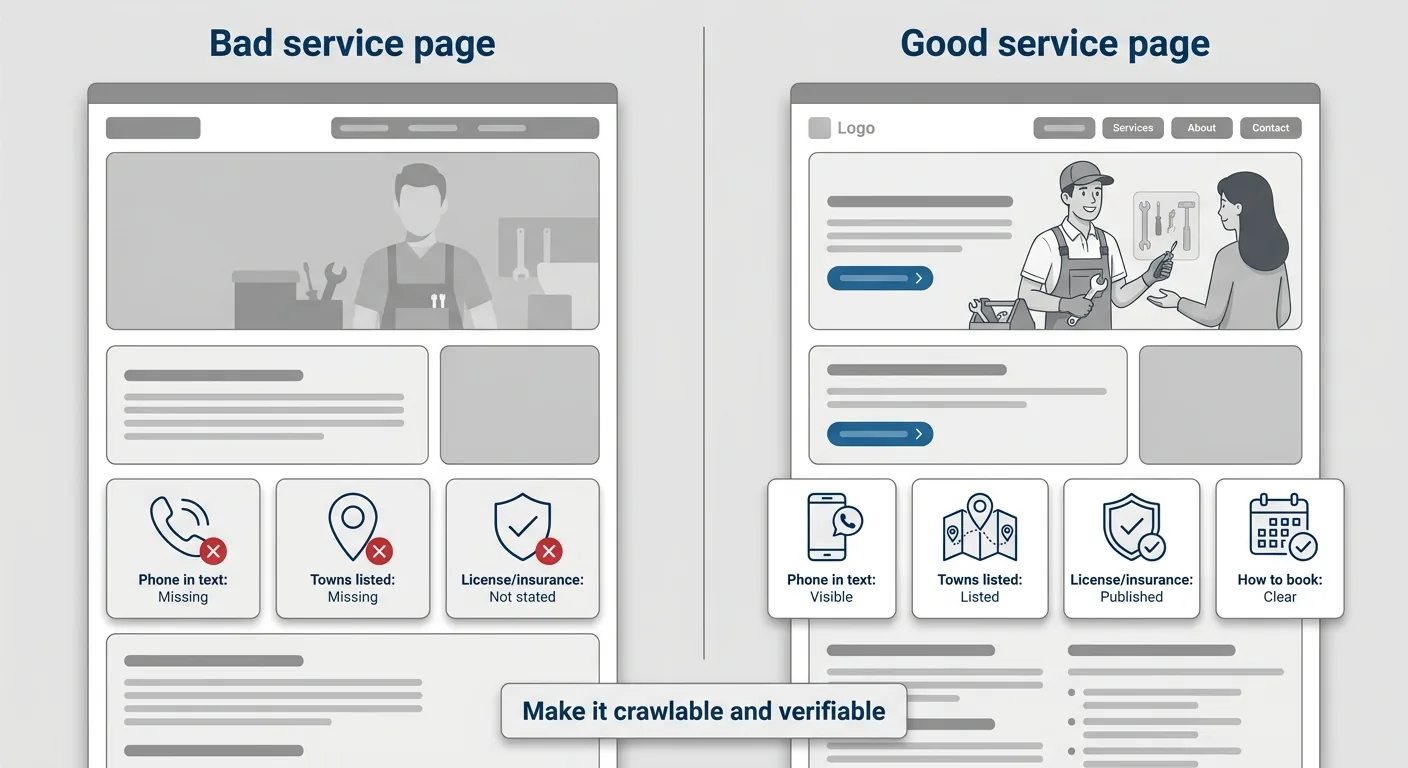 Side-by-side diagram of a bad vs good service page showing what information must be visible in text.