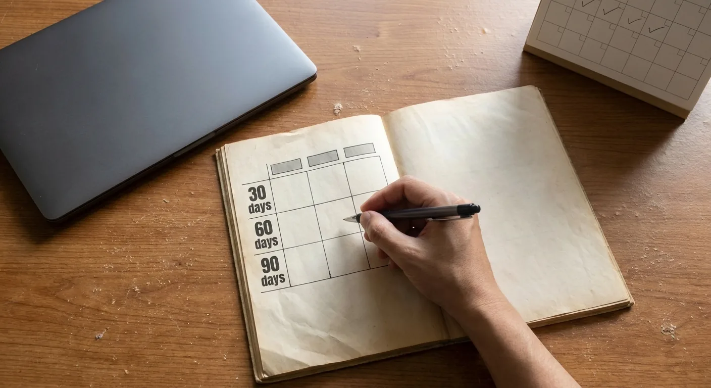 Open logbook with a simple tracking table labeled 30 days, 60 days, and 90 days for recording prompt-test results.