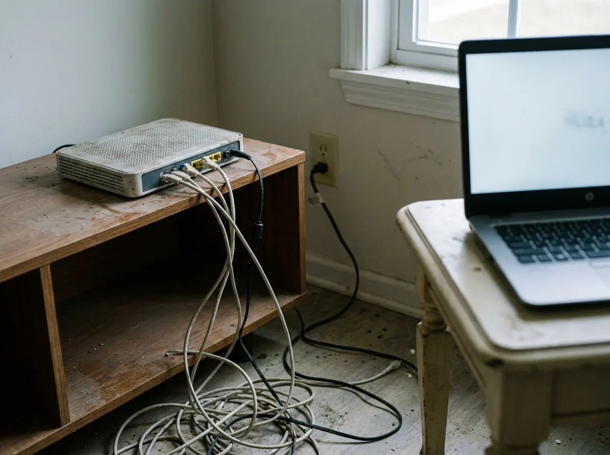 Technician crouched by a modem/router checking cables and power near a wall outlet, with a laptop nearby.