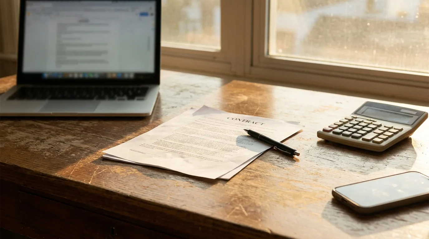 Owner's hands reviewing a marketing quote at a desk with laptop, contract pages, and calculator