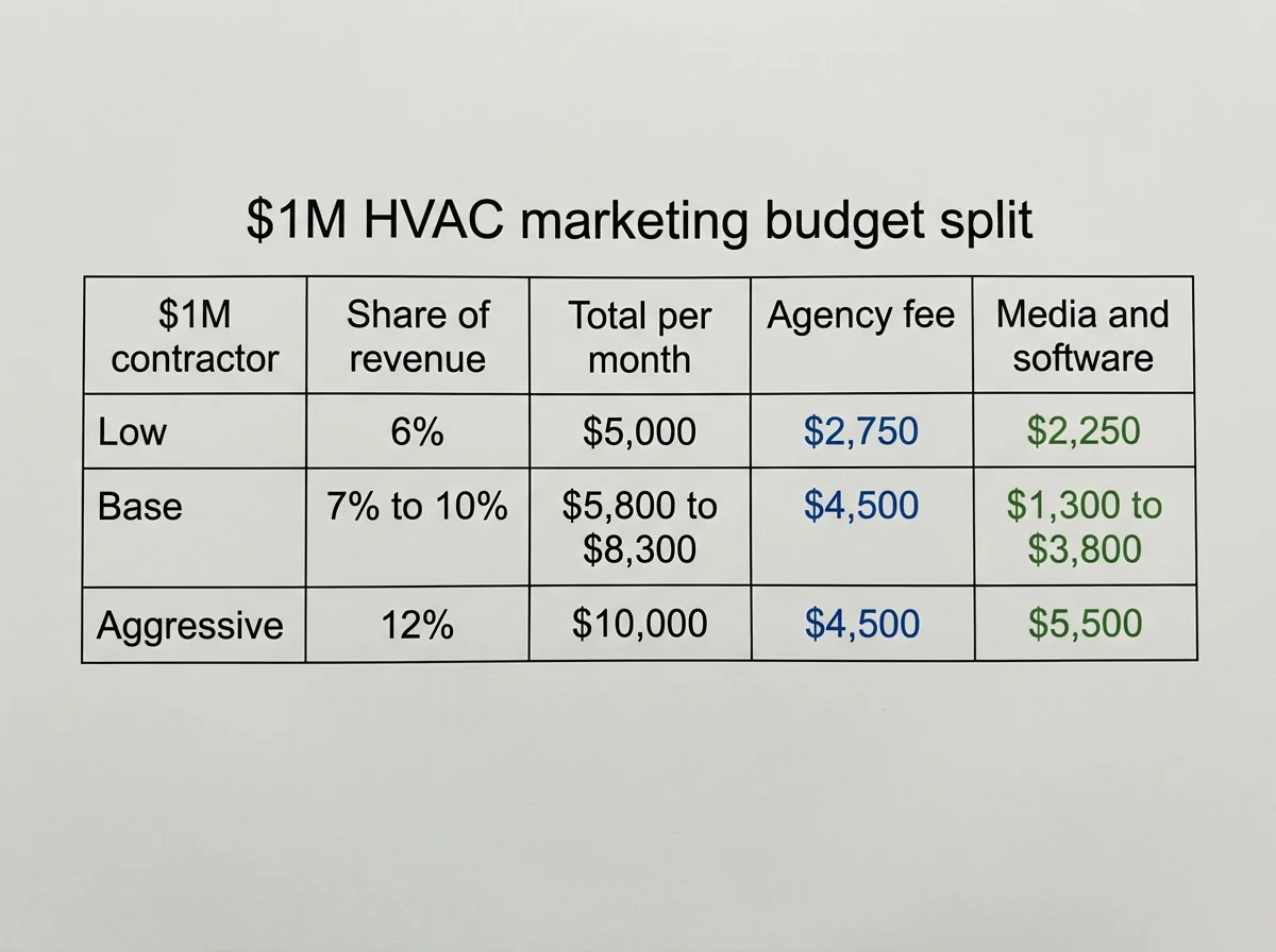 Table showing a contractor's monthly marketing budget split between agency fee and media/software