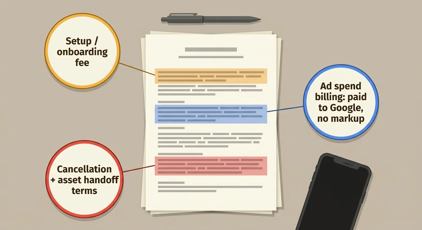 Diagram highlighting three contract clauses to check: setup fee, ad spend billing markup, and cancellation terms