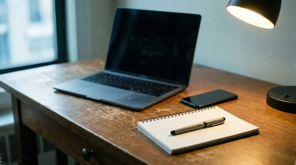 HVAC office desk with laptop, notebook, and phone as someone compares marketing results across channels