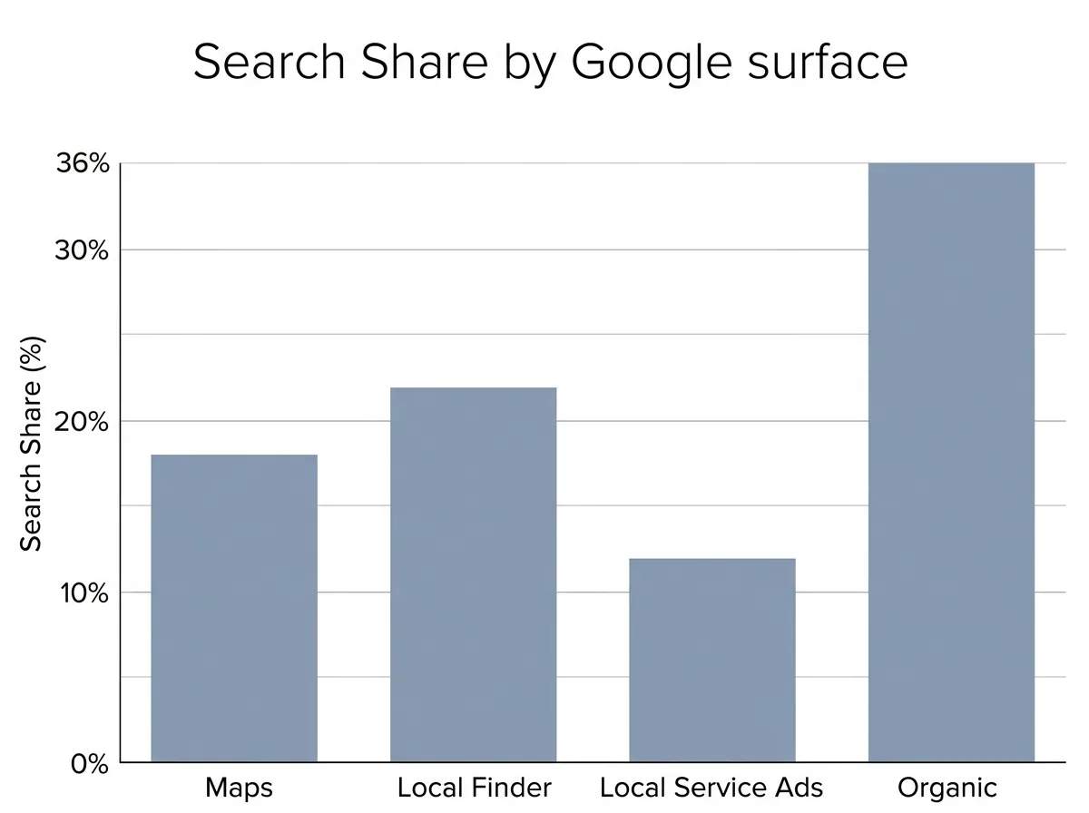 Bar chart showing Search Share by Google surface with a March 2026 results callout