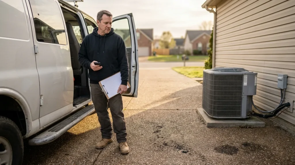 HVAC owner beside an unbranded service van reviewing a clipboard next to a home’s outdoor AC unit