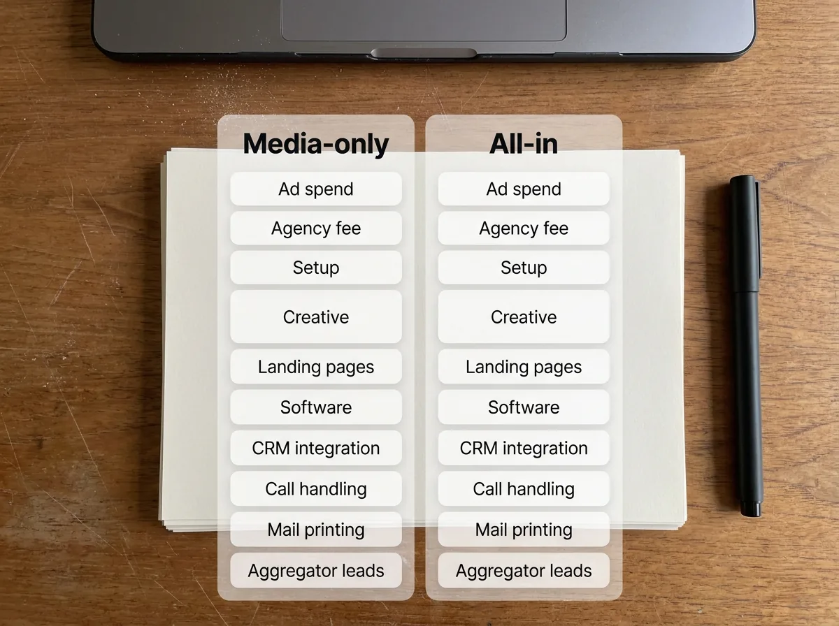 Desk scene with a visual stack comparing media-only versus all-in HVAC marketing cost categories