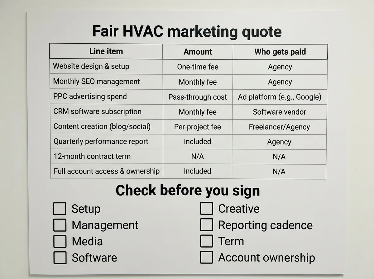 Infographic table and checklist showing what a fair HVAC marketing quote should include