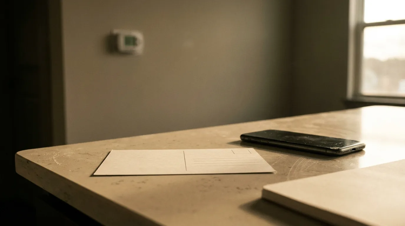 Hands at a kitchen counter holding a postcard beside a laptop, with a thermostat blurred in the background.