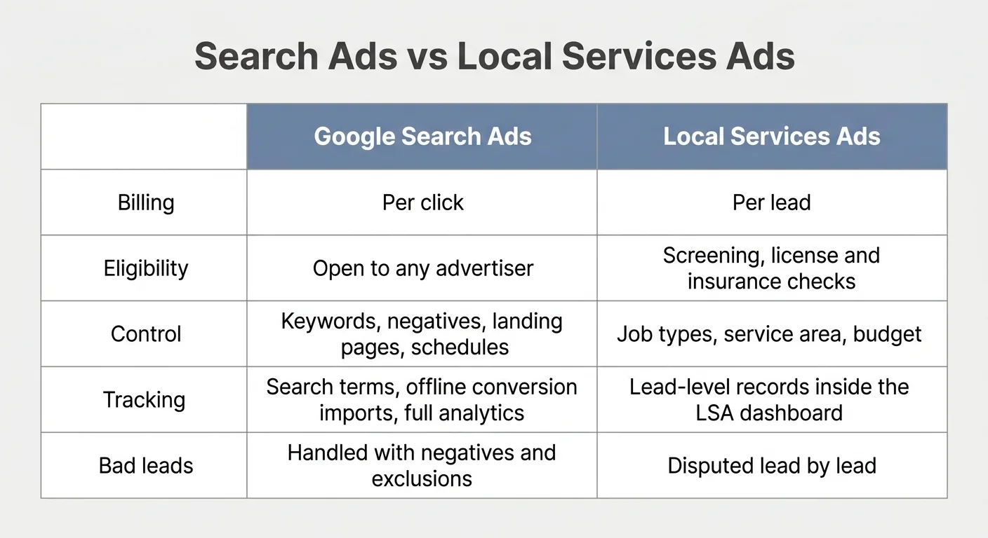 Two-column table comparing Google Search Ads and Local Services Ads by billing, eligibility, control, tracking, and bad leads.