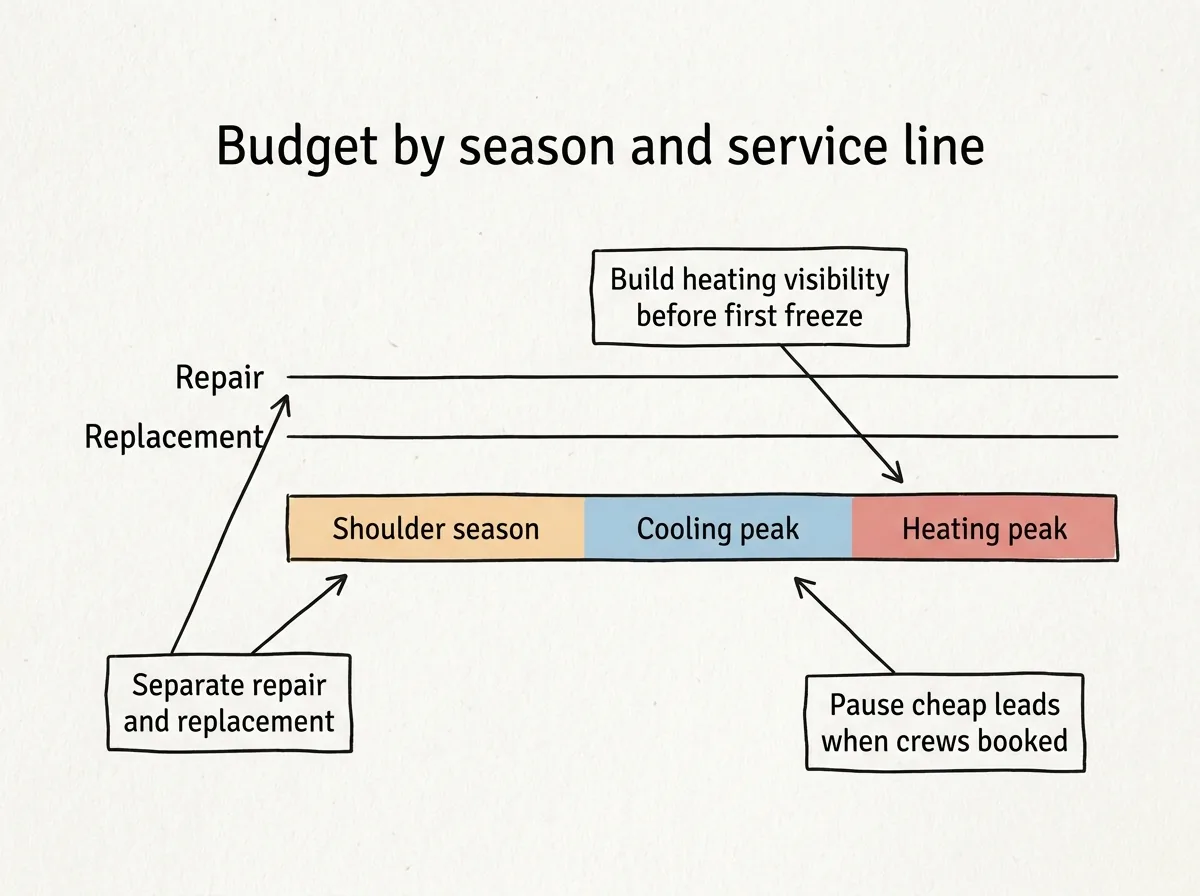 Timeline graphic showing HVAC budget shifts across shoulder season, cooling peak, and heating peak for repair vs replacement.