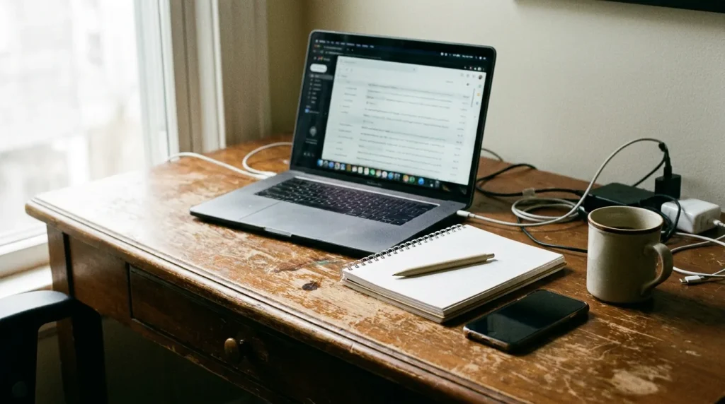 Marketer’s hands at a desk with laptop and notebook, suggesting scaled local rank tracking work.