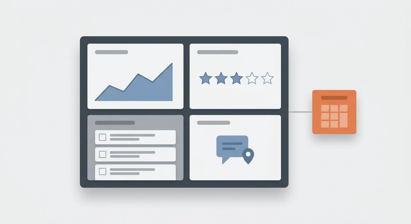 Illustrated dashboard showing several local SEO modules side by side in one agency account.