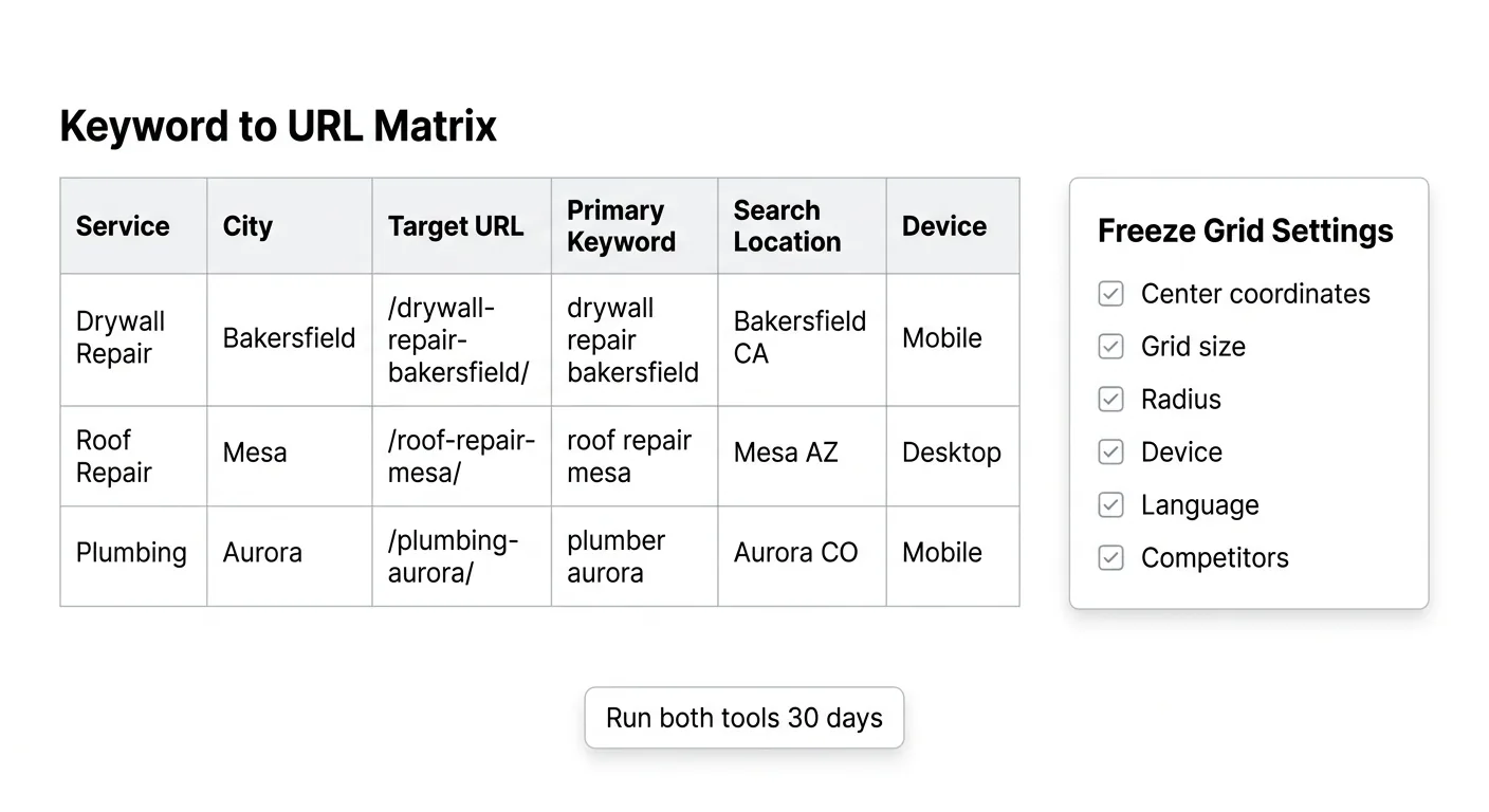 Data visual showing a keyword-to-URL matrix table next to a checklist of frozen grid settings.