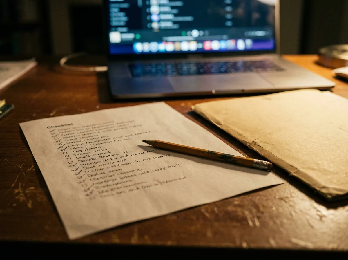 Checklist and exported reports on a desk beside a laptop, showing careful rank tracker migration steps.