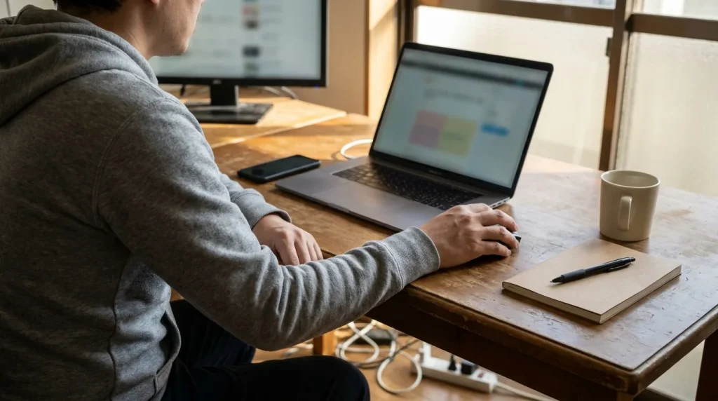 Agency desk scene with a laptop and notes, suggesting rank-tracking workflow versus reporting