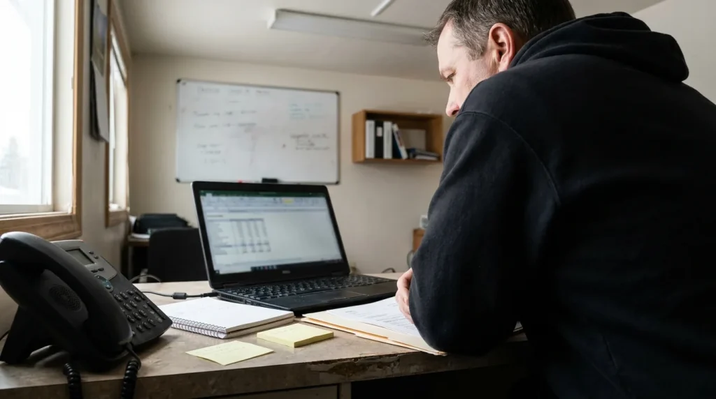 Owner’s desk with laptop, phone, and paperwork showing a measurement-first marketing mindset