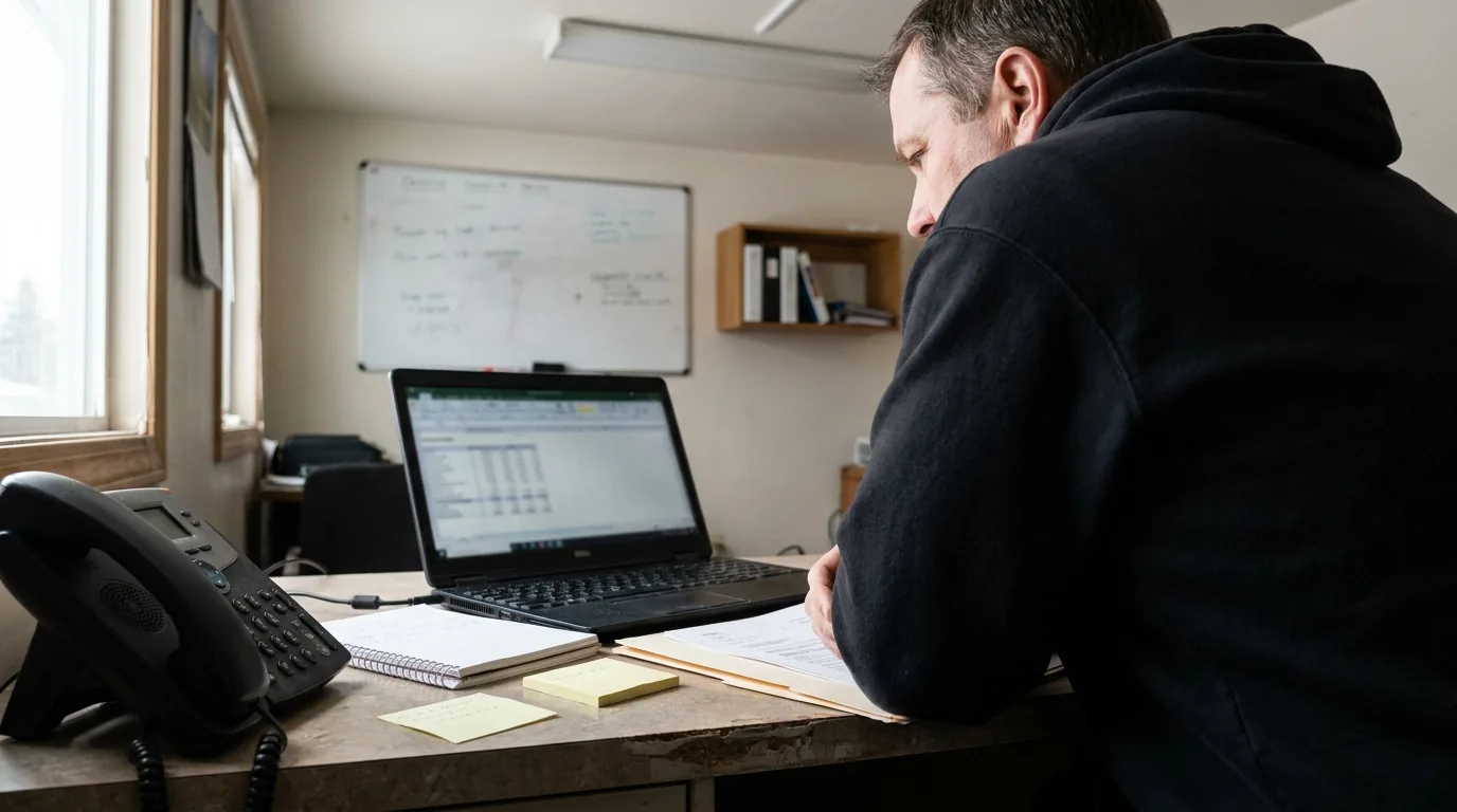 Owner’s desk with laptop, phone, and paperwork showing a measurement-first marketing mindset