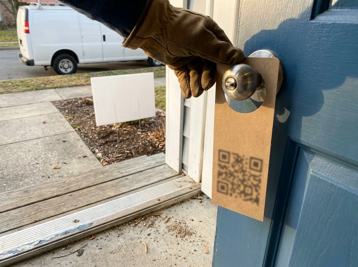 Hand placing a blank door hanger on a front door, with a yard sign and contractor van blurred behind