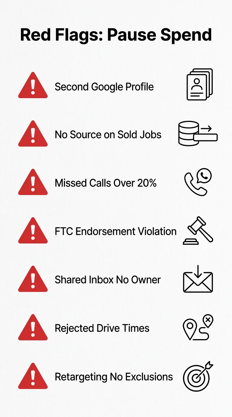 Checklist graphic of seven red flags that require pausing marketing spend