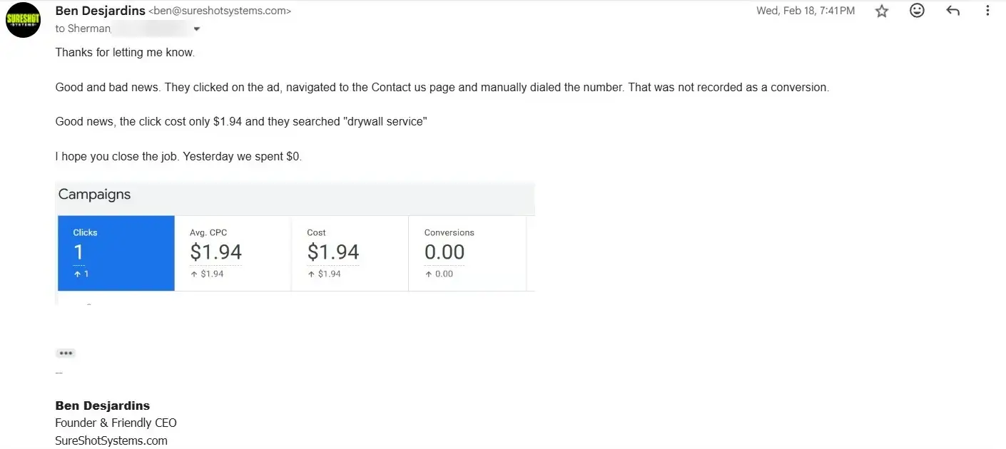 Ben's email to Sherman on February 18, 2026 with the Google Ads campaign numbers: 1 click, $1.94 average cost per click, $1.94 cost.