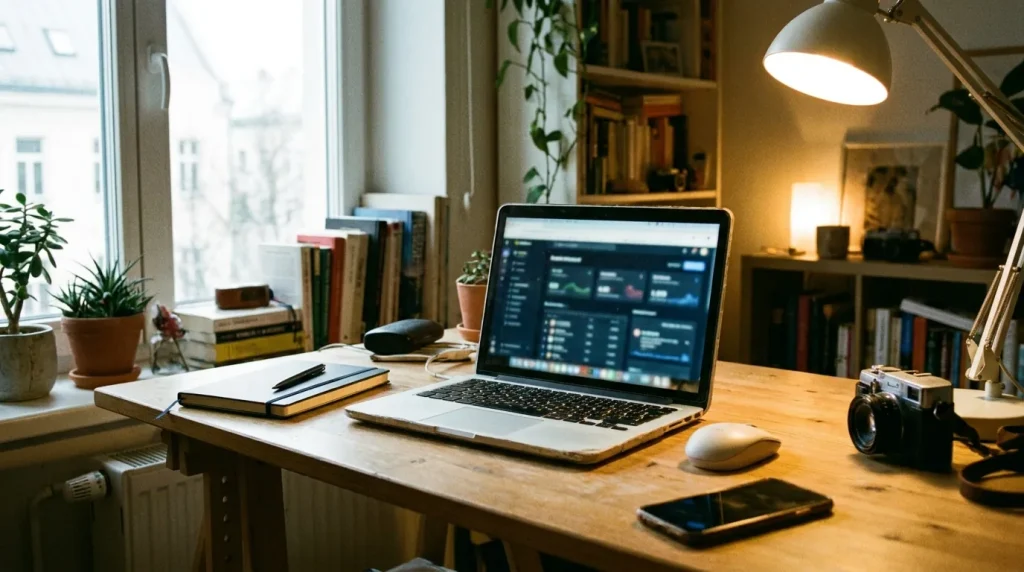Desk scene with laptop dashboard blurred, notebook, pen, mouse, and phone suggesting tool vs reporting workflow