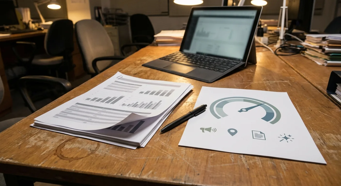 Two side-by-side report styles on a desk: dense analyst packet versus simple one-page weekly client summary
