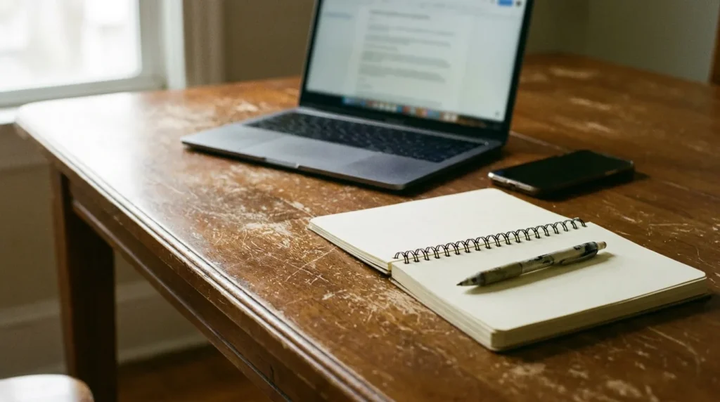 Contractor owner at a kitchen table comparing a laptop and phone, diagnosing where Google leads are leaking.