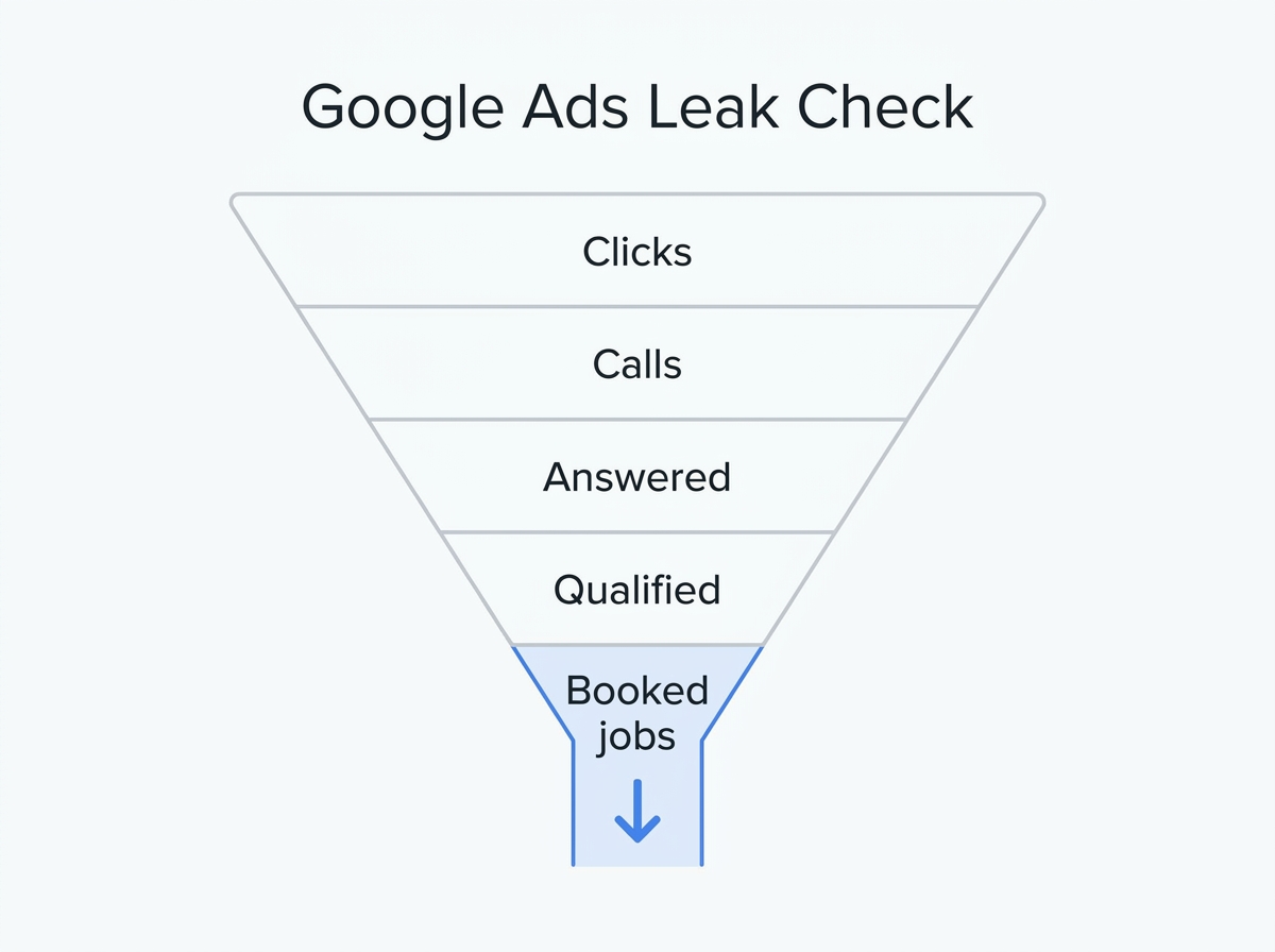 Checklist and funnel diagram showing five steps to find where Google Ads clicks stop becoming booked jobs.